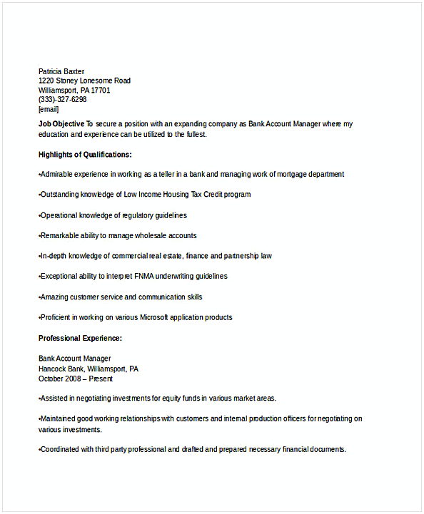 Bank Account Manager Resume Bank Account Manager Resume