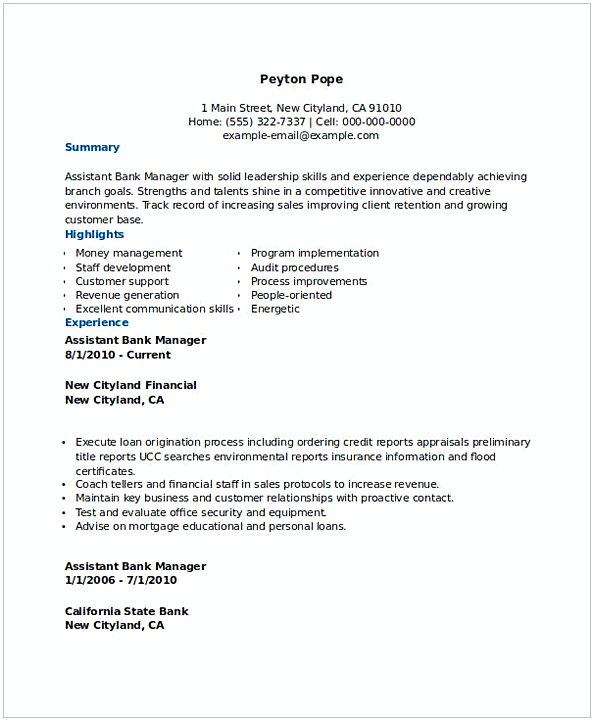 Bank Assistant Manager Resume 1 Bank Assistant Manager Resume 1