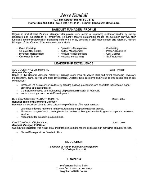 Banquet Manager Resume template