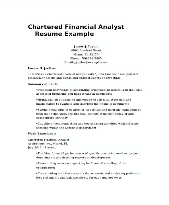 Chartered Financial Analyst Resume Example 1 Chartered Financial Analyst Resume Example 1