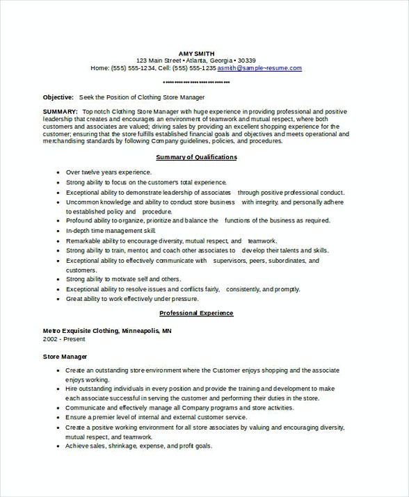 Clothing Store Manager Resume 2 Clothing Store Manager Resume 2