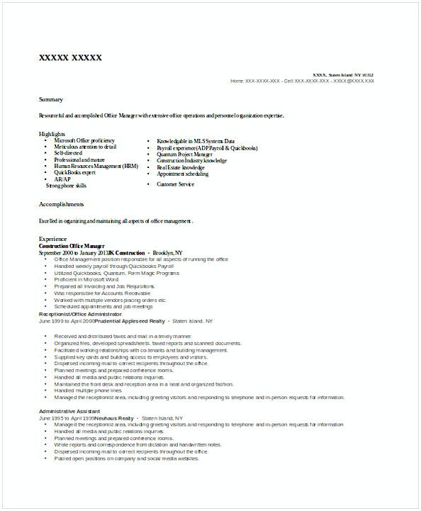 Construction Office Manager Resume Construction Office Manager Resume