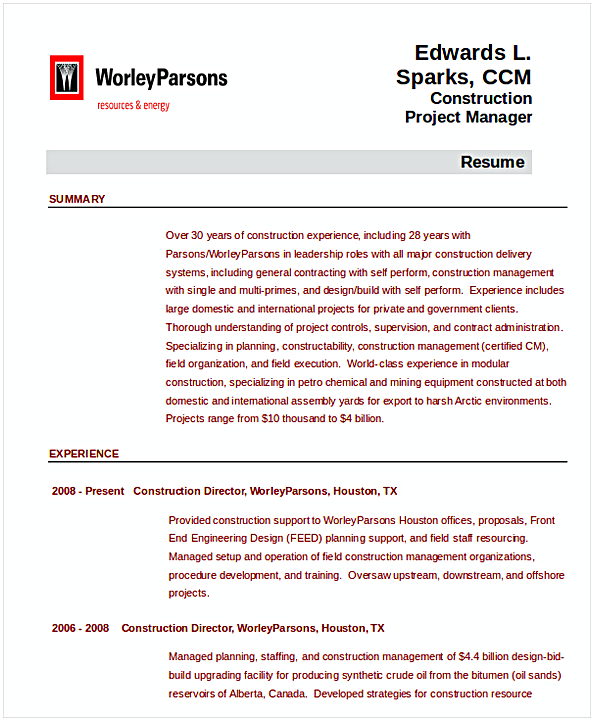 Construction Project Management Resume Construction Project Management Resume