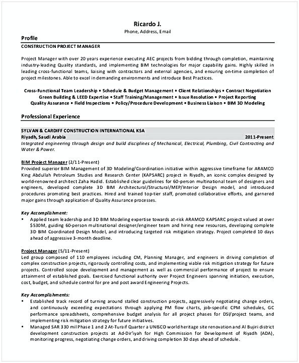 Construction Project Manager Resume 1 Construction Project Manager Resume 1