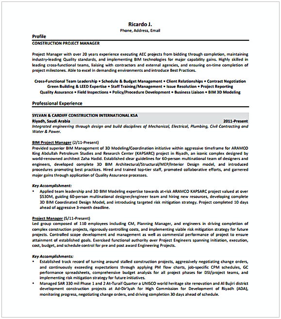 Construction Project Manager Resume Construction Project Manager Resume