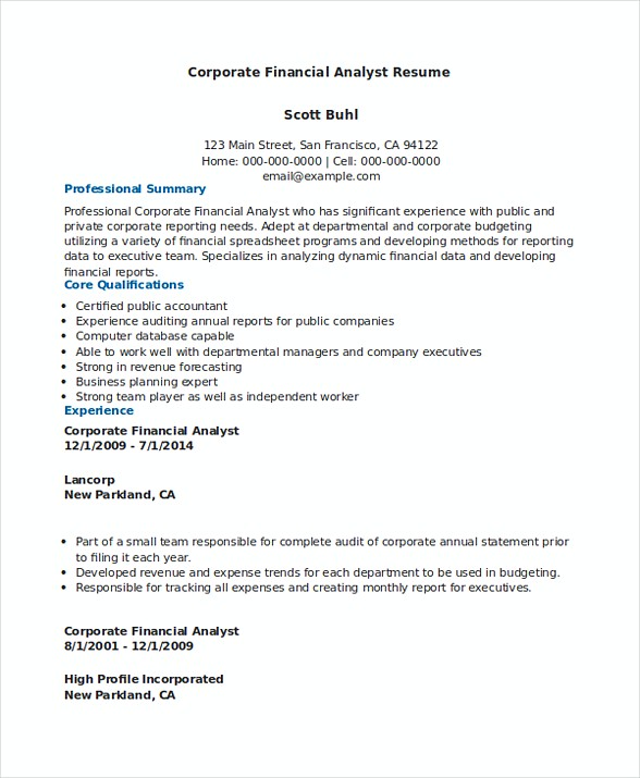 Corporate Financial Analyst Resume Sample Corporate Financial Analyst Resume Sample