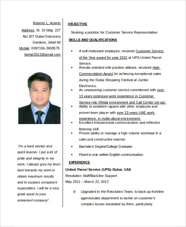 Customer Service Representative Resume Customer Service Representative Resume