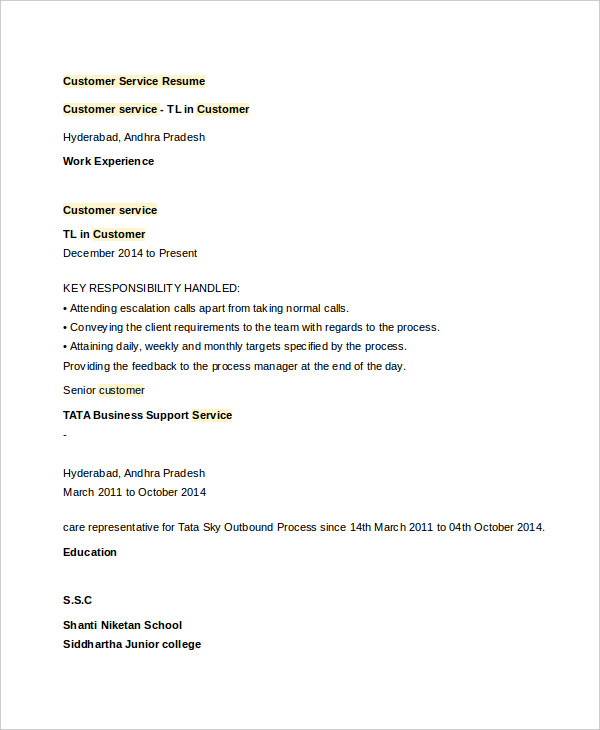 Customer Service Resume Customer Service Resume