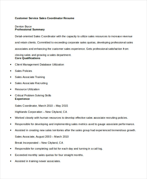 Customer Service Sales Coordinator Resume Customer Service Sales Coordinator Resume