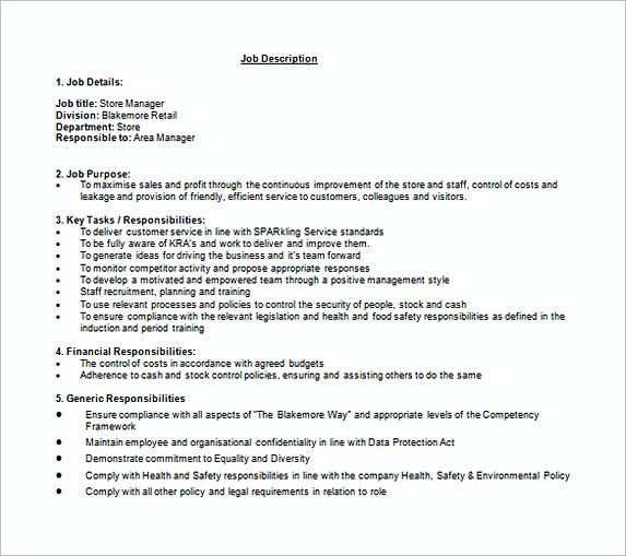 Depart Store Manager Job Description Free Depart Store Manager Job Description Free
