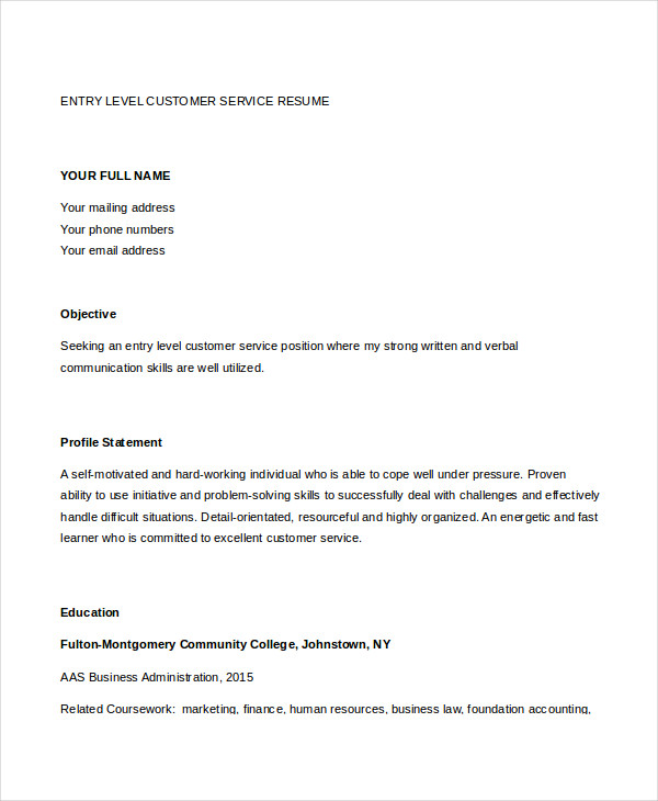 Entry Level Customer Service Resume Entry Level Customer Service Resume