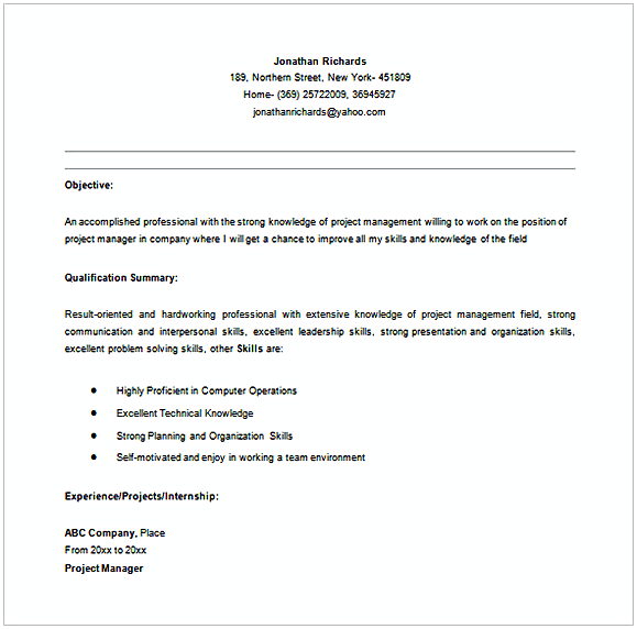 Entry Level Project Manager Resume in MS Word Entry Level Project Manager Resume in MS Word