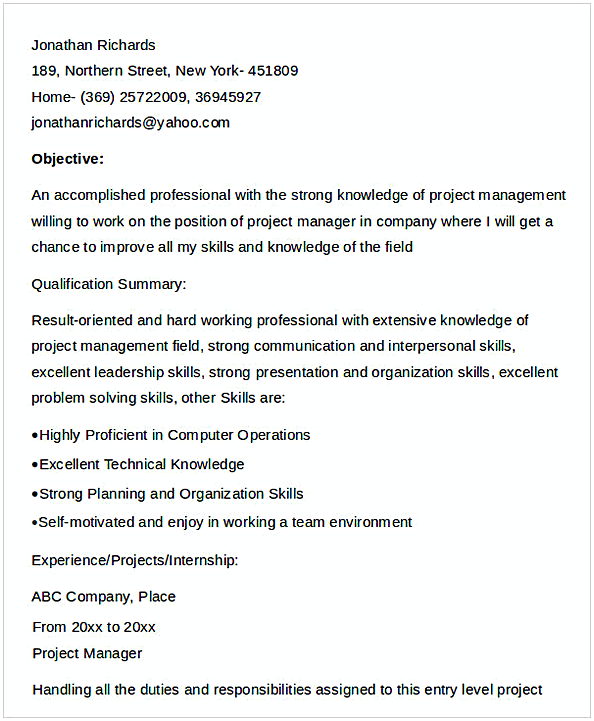 Entry Level Project Manager Resume Entry Level Project Manager Resume