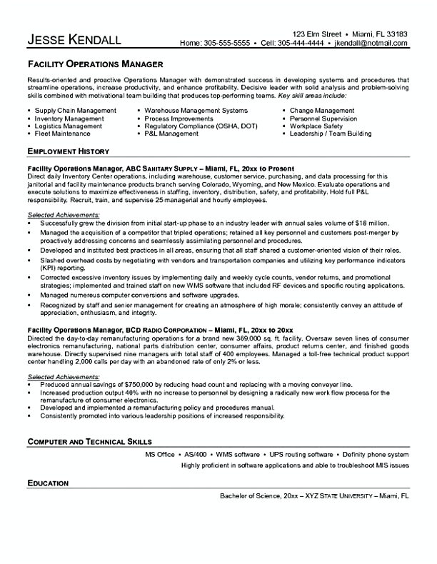Facility Operating Manager Resume Facility Operating Manager Resume