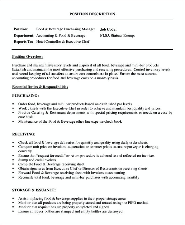 Food Beverage Purchasing ManagerJob Descrition Food Beverage Purchasing ManagerJob Descrition