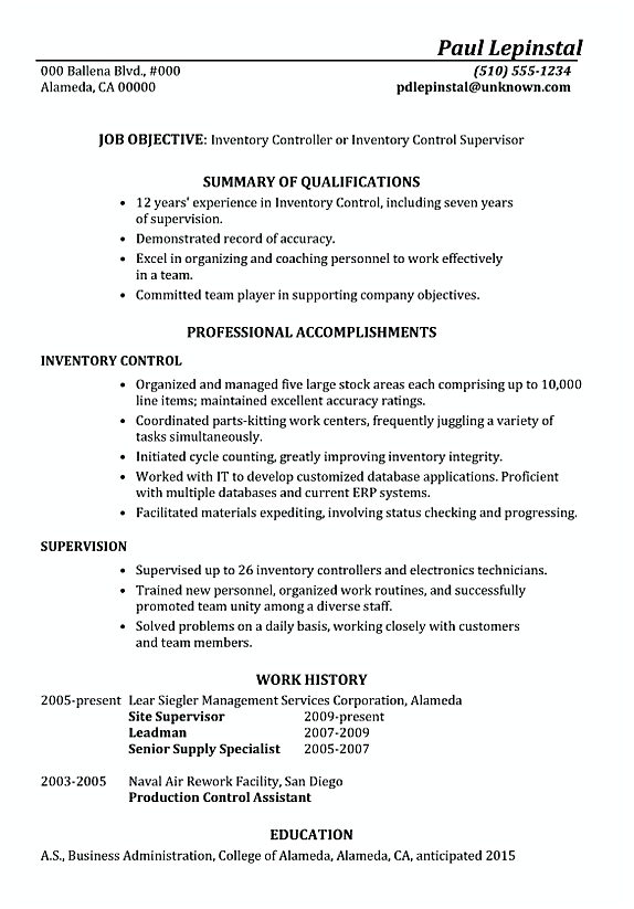 Functional Resume Sample Inventory Control Supervisor Functional Resume Sample Inventory Control Supervisor