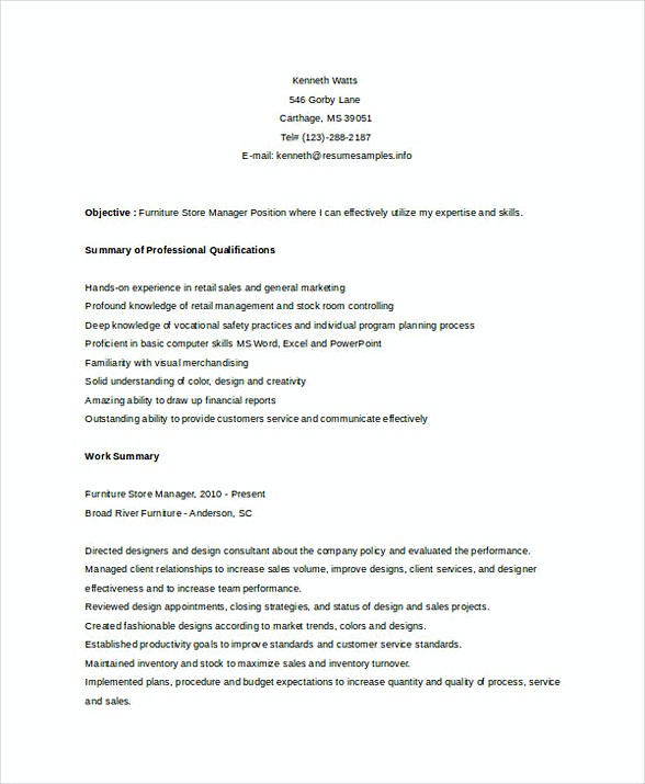 Furniture Store Manager Resume 1 Furniture Store Manager Resume 1