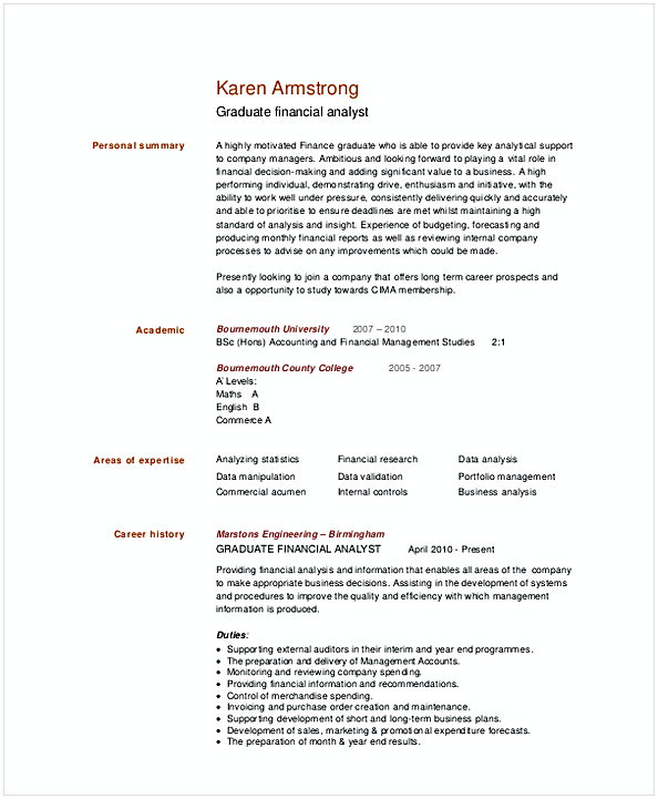 Graduate Financial Analyst Resume Template 1 Graduate Financial Analyst Resume Template 1