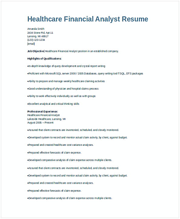 Healthcare Financial Analyst Resume 1 Healthcare Financial Analyst Resume 1