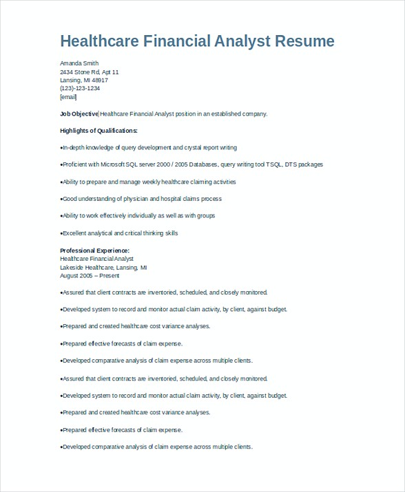 Healthcare Financial Analyst Resume Healthcare Financial Analyst Resume