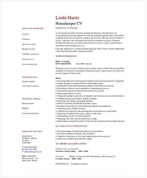 Hotel Housekeeper Resume Hotel Housekeeper Resume