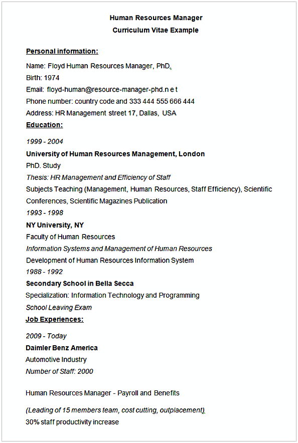 Human Resources Manager CV Example Human Resources Manager CV Example