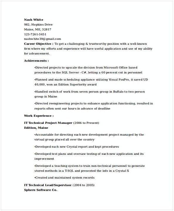 IT Technical Project Manager Resume IT Technical Project Manager Resume