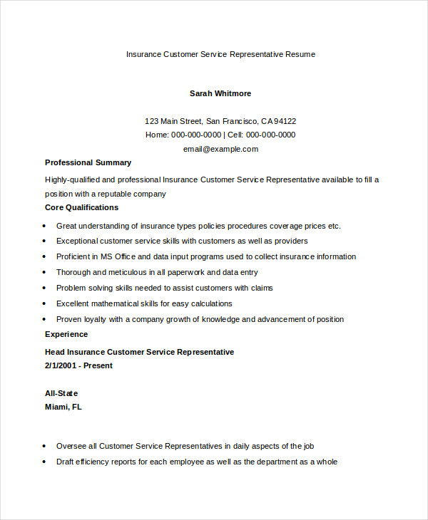Insurance Customer Service Representative Resume Insurance Customer Service Representative Resume