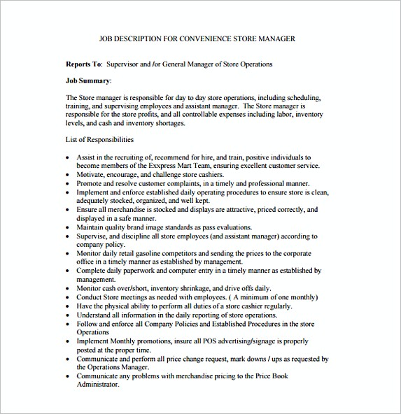Job Description for Convenience Store Manager Free Template Job Description for Convenience Store Manager Free Template