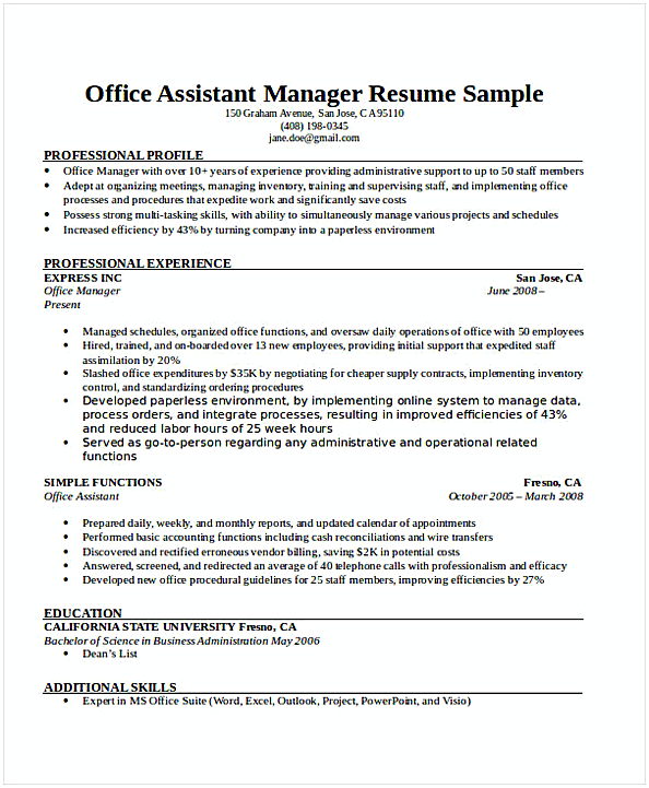 Office Assistant Manager Resume Office Assistant Manager Resume
