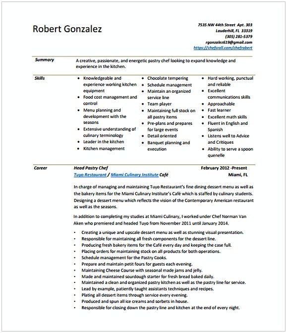 Pastry Chef Resume Pastry Chef Resume