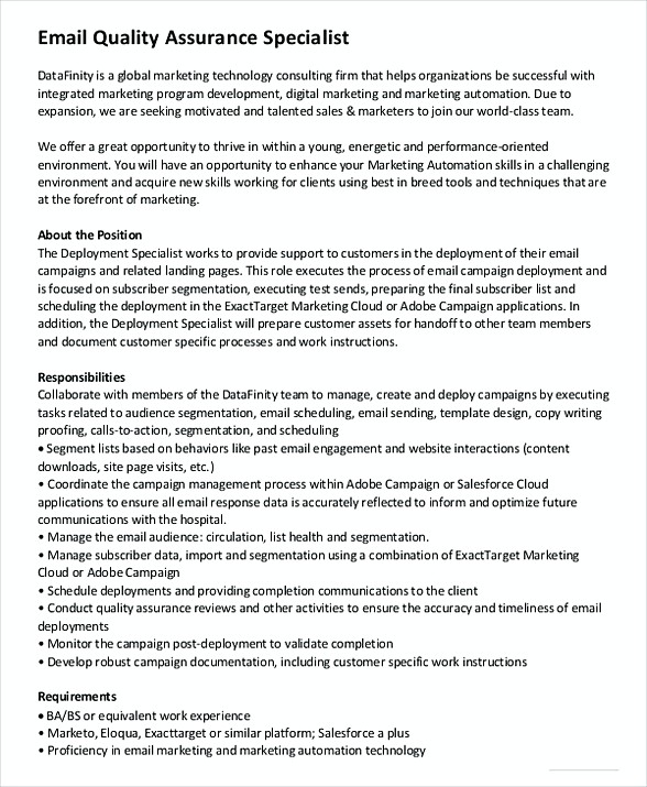 Quality Assurance Specialist Job Description Quality Assurance Specialist Job Description