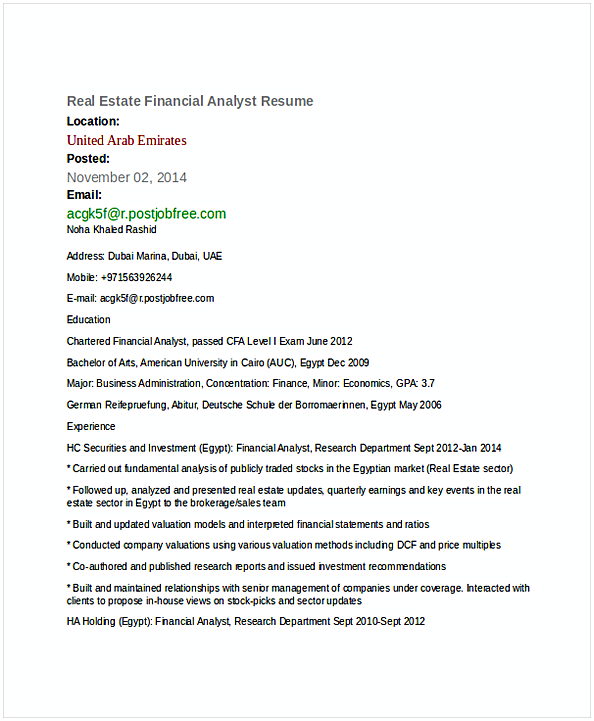 Real Estate Financial Analyst Resume 1 Real Estate Financial Analyst Resume 1