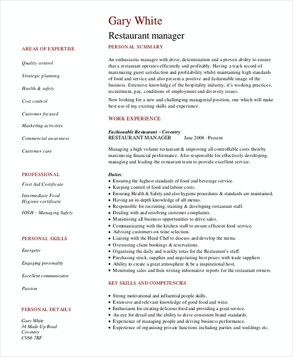 Restaurant General Manager Resume Restaurant General Manager Resume