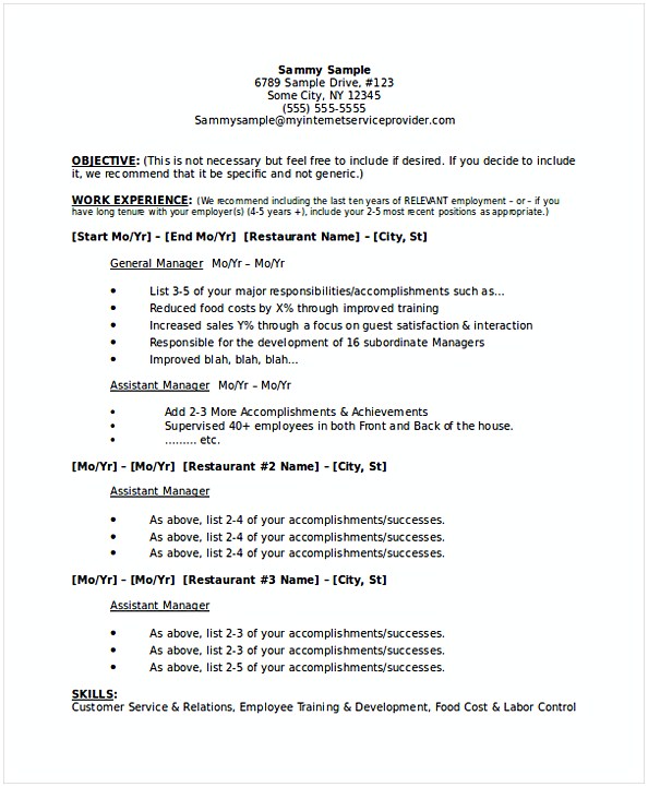 Restaurant Manager Business Plan Resume 1 Restaurant Manager Business Plan Resume 1