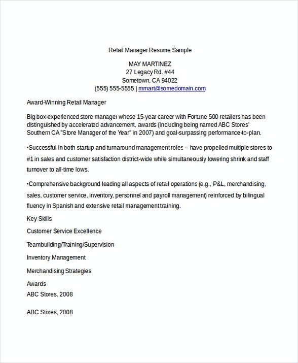 Retail Manager Job Resume Retail Manager Job Resume