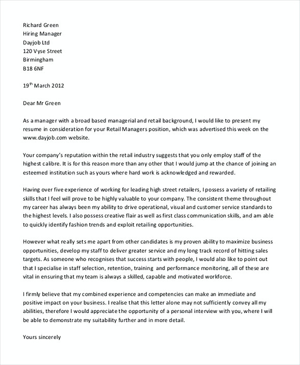 Retail Manager Resume Cover Letter Retail Manager Resume Cover Letter