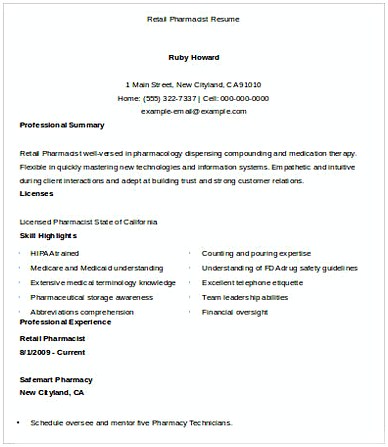 Retail Pharmacist Resume Retail Pharmacist Resume