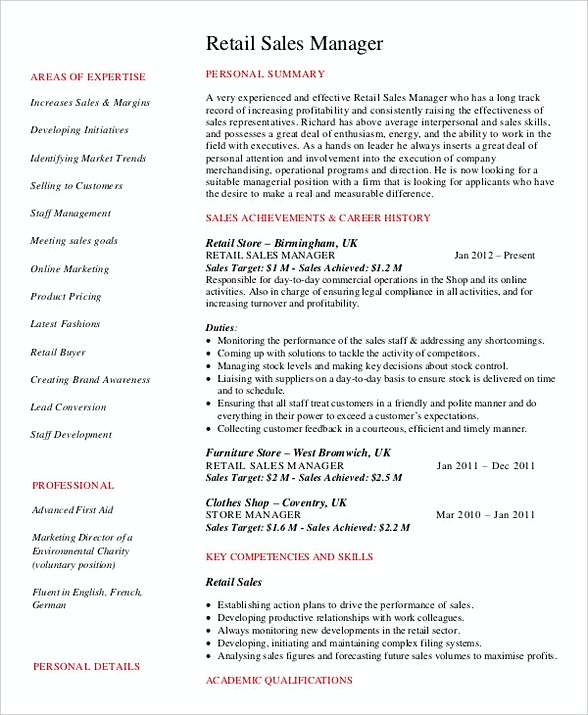Retail Sales Manager Resume 1 Retail Sales Manager Resume 1