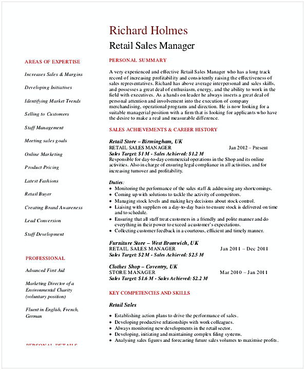 Retail Sales Manager Resume 2 Retail Sales Manager Resume 2