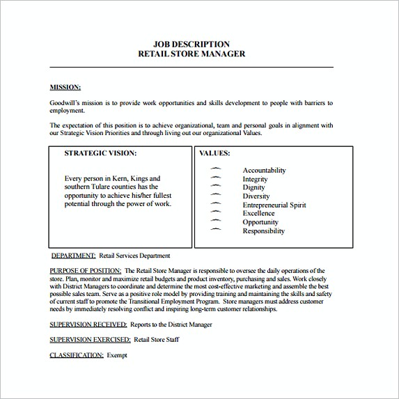 Retail Store Manager Job Description Free Retail Store Manager Job Description Free