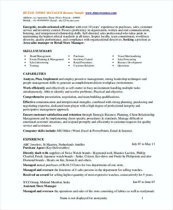 Retail Store Manager Resume 1 Retail Store Manager Resume 1