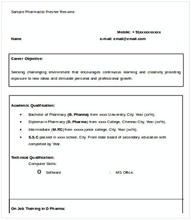 Sample Pharmacist Fresher Resume Sample Pharmacist Fresher Resume