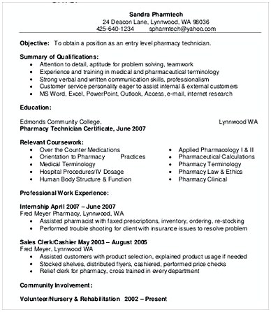 Sample Pharmacy Technician Resume Sample Pharmacy Technician Resume