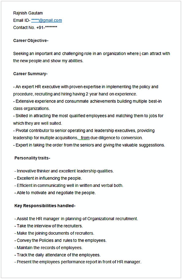 Sample Resume For HR Executive Sample Resume For HR Executive