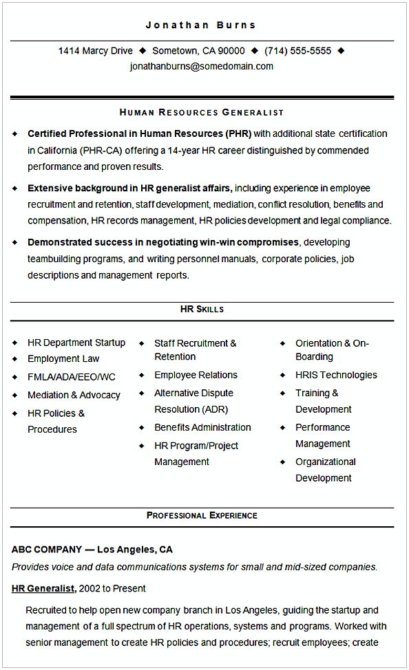 Sample Resume HR Generalist Template Sample Resume HR Generalist Template