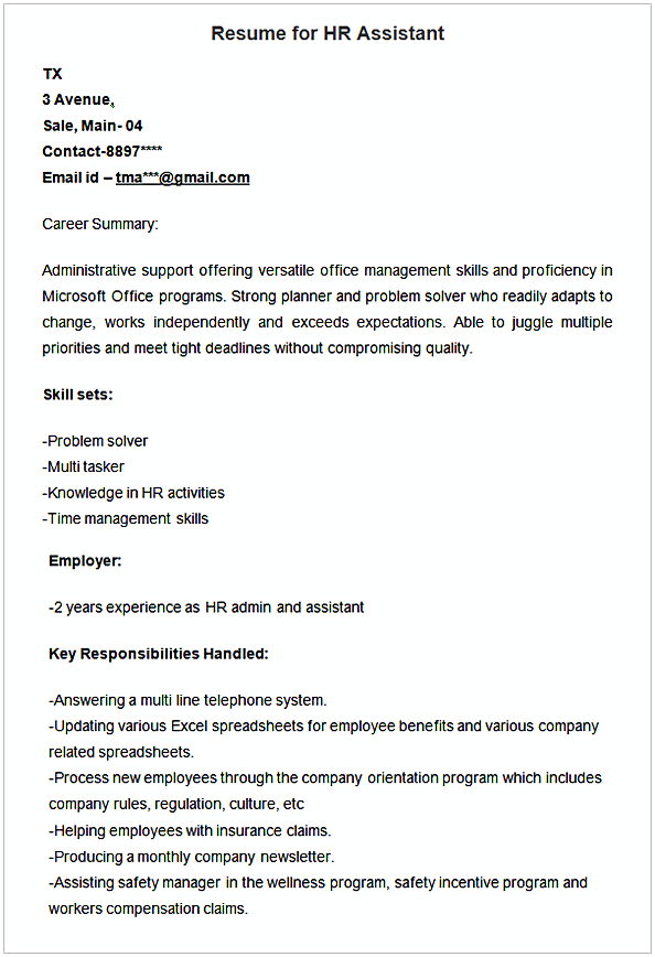 Sample Resume for HR Assistant Sample Resume for HR Assistant