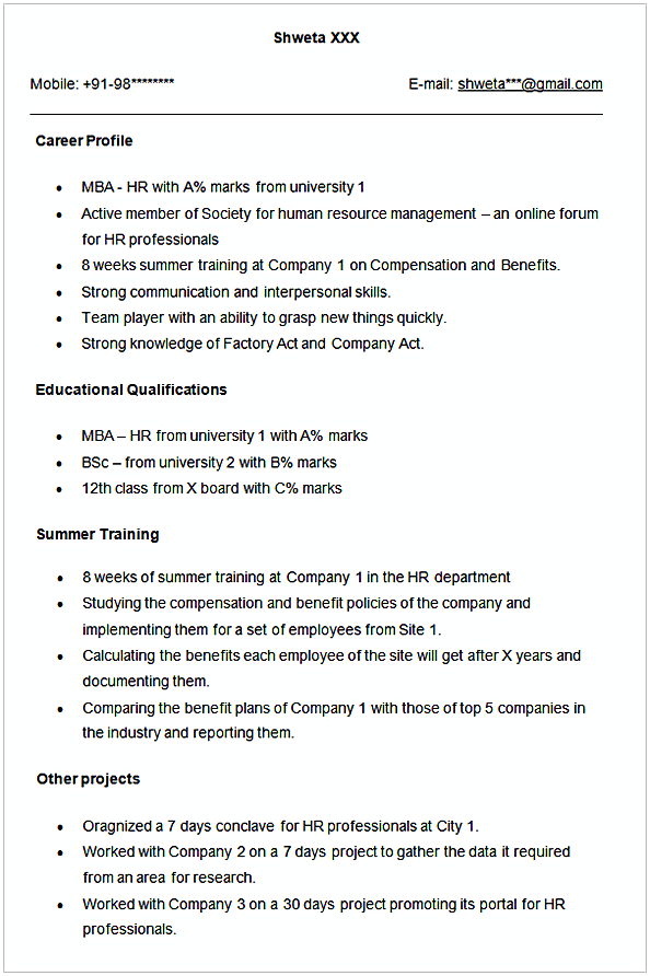 Sample Resume for HR Fresher Sample Resume for HR Fresher