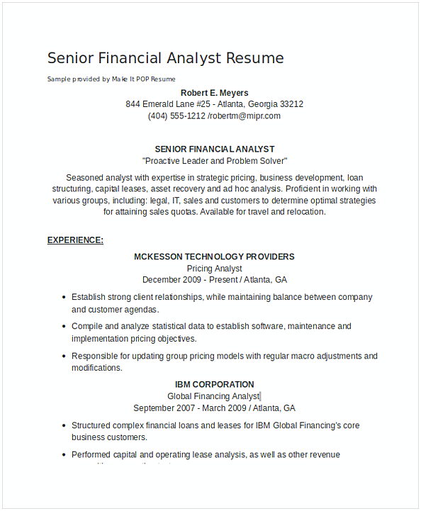 Senior Financial Analyst Resume 1 Senior Financial Analyst Resume 1