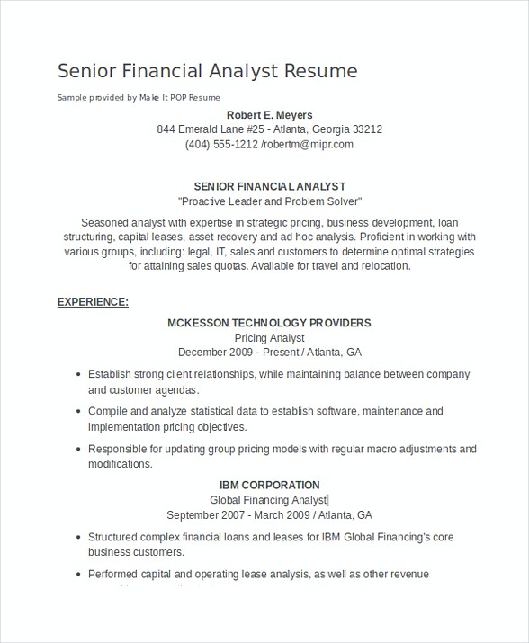 Senior Financial Analyst Resume Senior Financial Analyst Resume